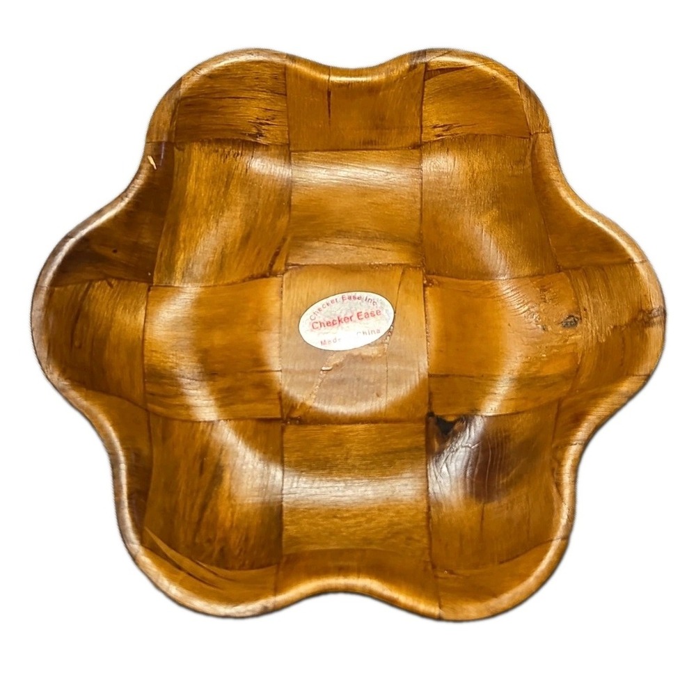 Vintage Checker Ease Woven Wood Bowl Scalloped Flower Flower Shaped Parquet 9.5"